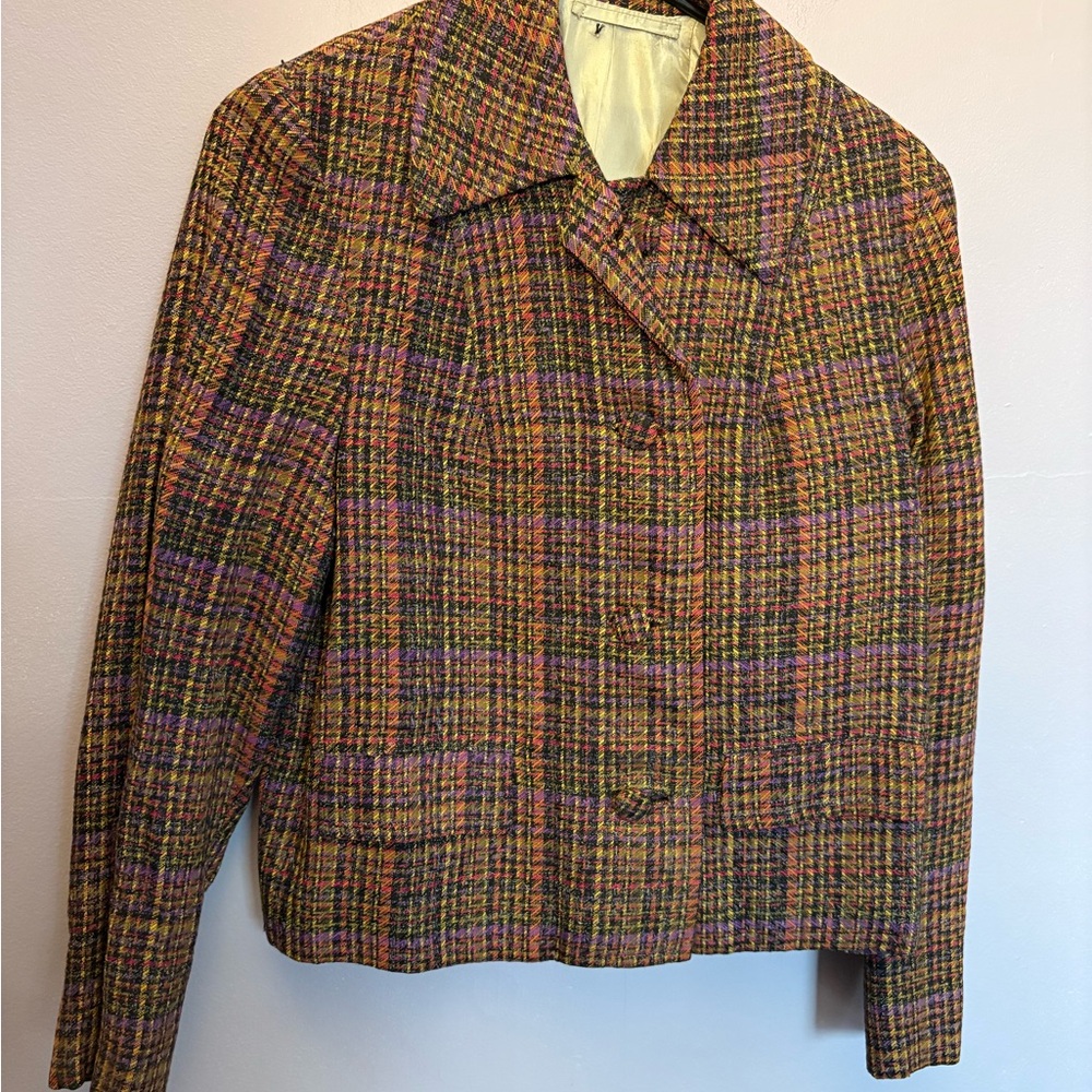 Vintage  Italian Hand-tailored Tweed Blazer Women Size‎ Small Purple Yellow